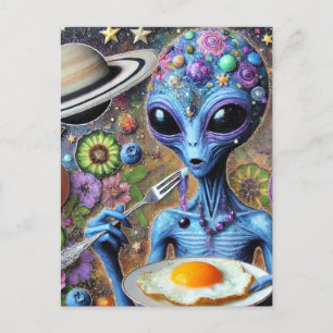 Carte Postale Funky Blue Alien Manger des oeufs frits