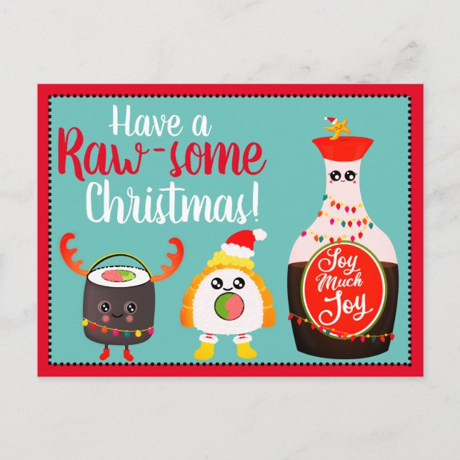 Carte Postale Funky Red Kawaii Sushi Pun alimentaire Joyeux Noël (Devant)