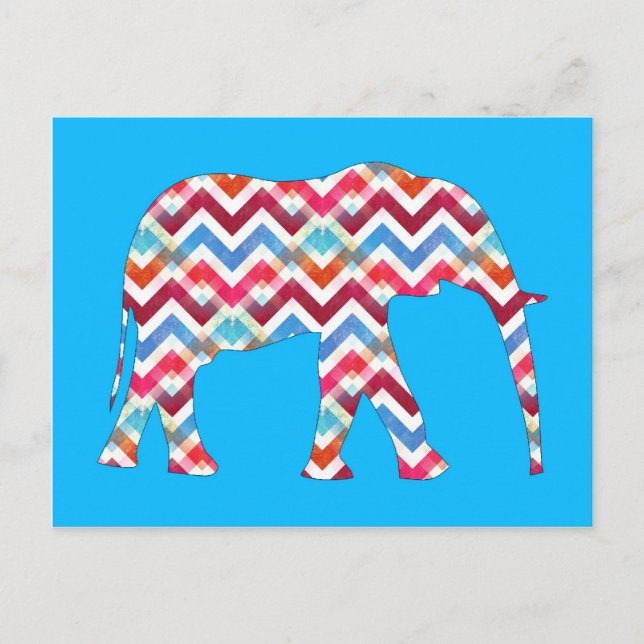 Carte Postale Funky Zigzag Chevron Elephant sur bleu Turquoise (Devant)