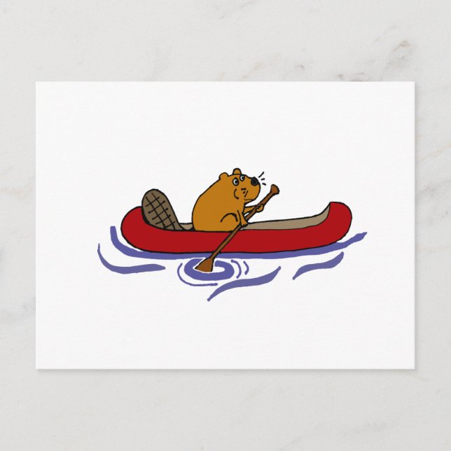 Carte Postale Funny Beaver Rowing in Red Canoe (Devant)