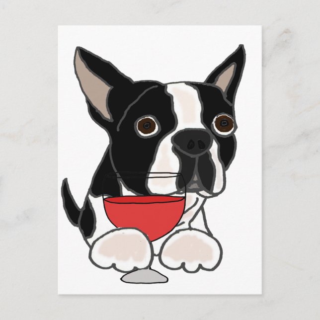 Carte Postale Funny Boston Terrier Chien Boire Vin Art (Devant)
