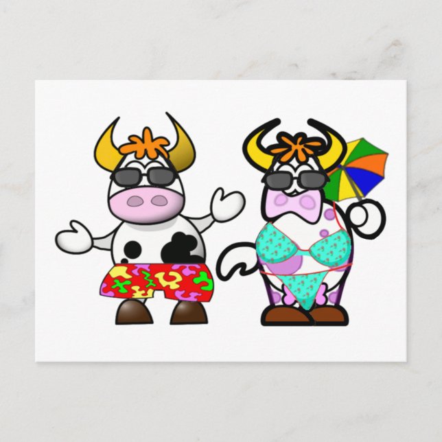 Carte Postale Funny Cartoon Beach Cow Couple Post Card (Devant)