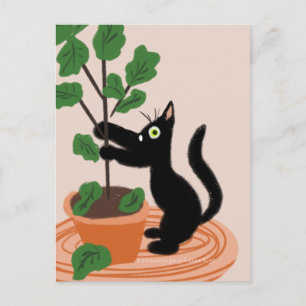 Carte Postale Funny Chat Fig Tree Poted Plante main tiré