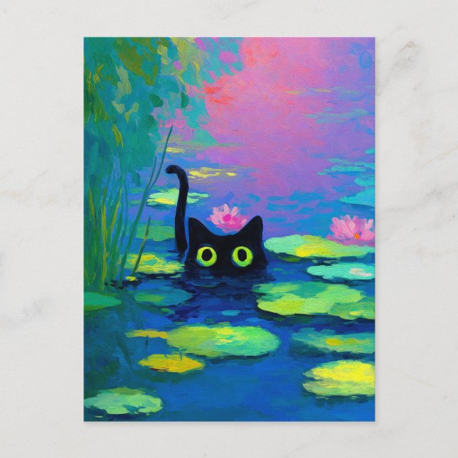 Carte Postale Funny Chat noir nager dans l'étang | L'art bizarre (Devant)