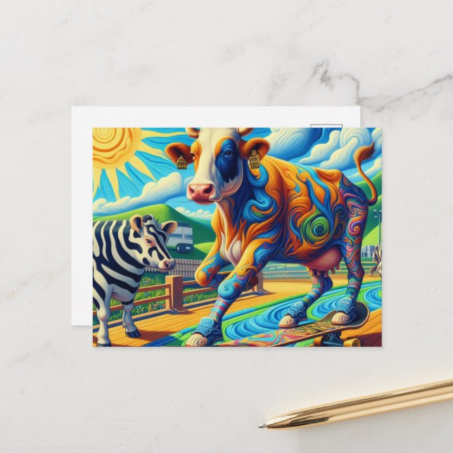Carte Postale Funny Colorful Cow Skateboard (Devant/Arrière en situation)