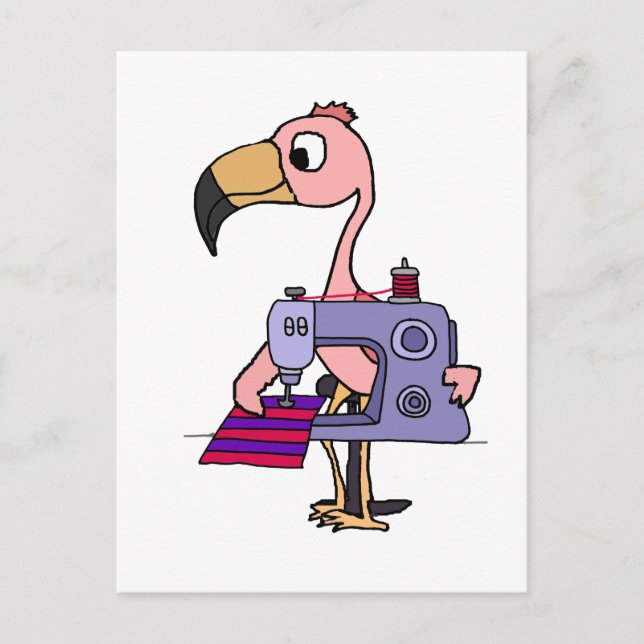 Carte Postale Funny Flamant rose rose avec machine à coudre (Devant)