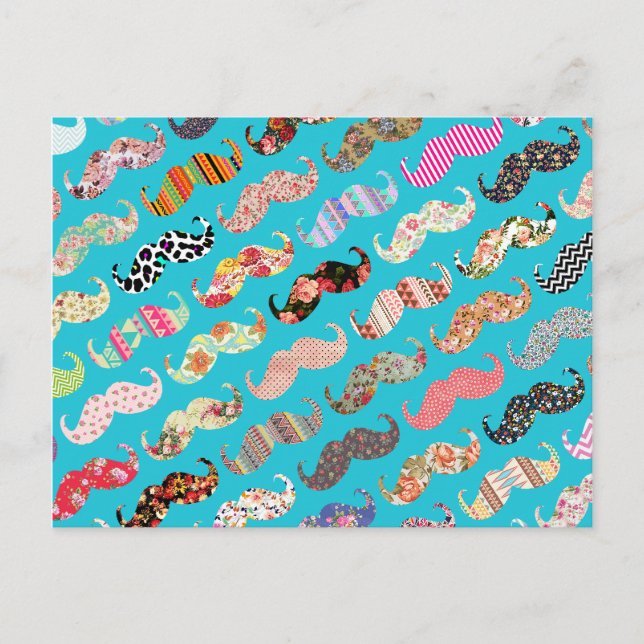 Carte Postale Funny Girl Turquoise Floral Aztec Moustaches (Devant)