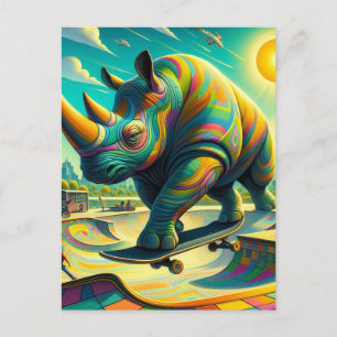 Carte Postale Funny Surreal Rhino Skateboard