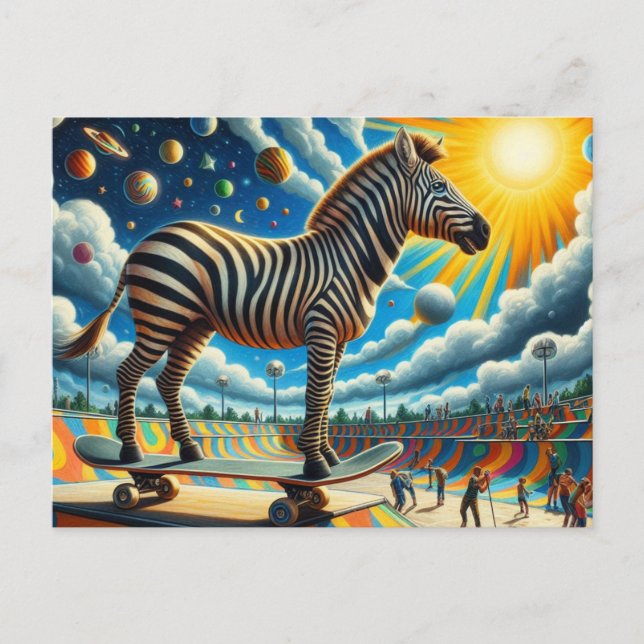 Carte Postale Funny Zebra Skateboard Surreal coloré (Devant)