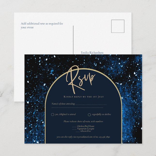 Carte Postale Galaxy Starry Night Marine Blue Gold Mariage (Devant / Derrière)
