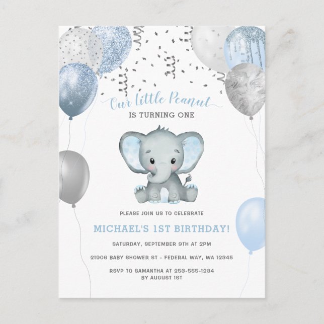 Carte Postale Garçon Éléphant Ballons 1er Anniversaire (Devant)