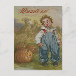 Carte Postale Garçon Jack O Lanterne Citrouille Meule de Foin Pl