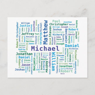 Carte Postale Garçon / Noms de l'homme Nuage de mots en bleu ver
