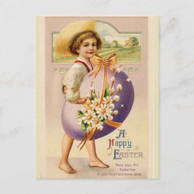 Carte Postale Garçon pieds nus vintage avec oeuf de Pâques (Devant)