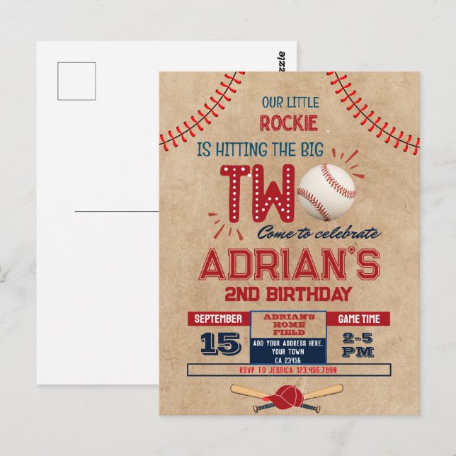 Carte Postale Garçon qui fête son 2ème anniversaire de baseball (Devant / Derrière)