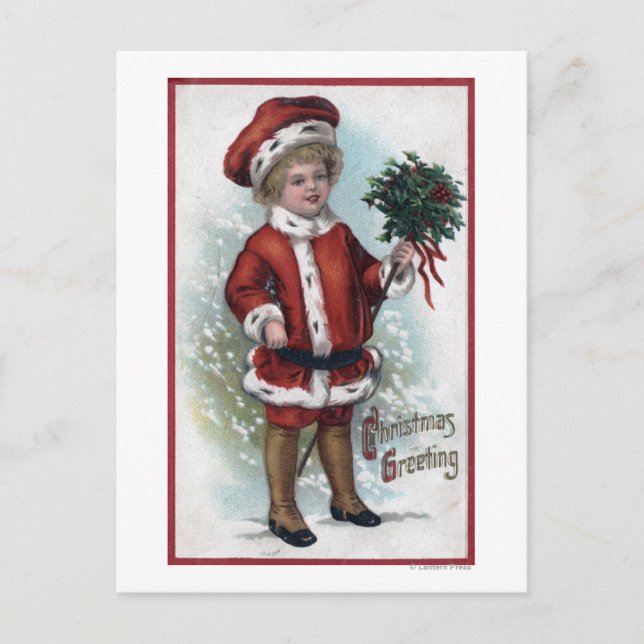 Carte Postale Garçon tenant un Bushel de Holly (Devant)