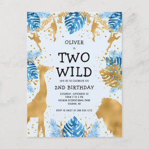 Carte Postale Garçons 2e anniversaire de fête Pale Blue Gold Saf