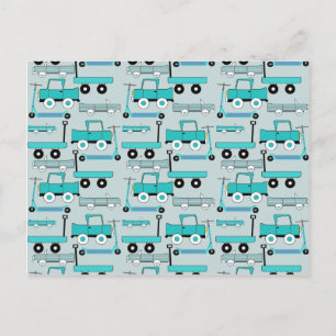 Carte Postale Garçons Roues Bleues Rétro Scooters Voitures Wagon