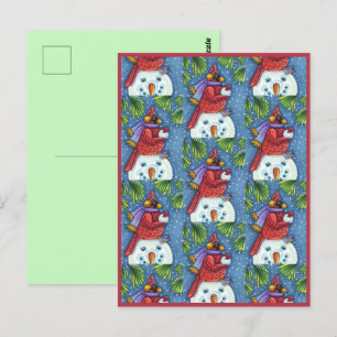 CARTE POSTALE GARDE CARDINAL SNOWMAN, CUTE NOËL REDBIRD