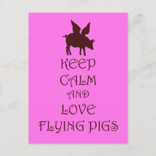Carte Postale Gardez le calme et l'amour Flying Pigs rose & brun