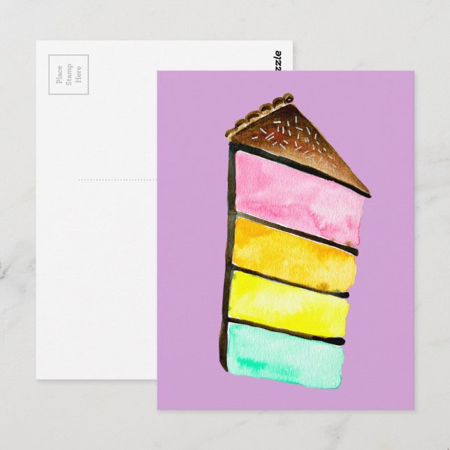 Carte Postale Gâteau arc-en-ciel miam aquarelle mignon art (Devant / Derrière)