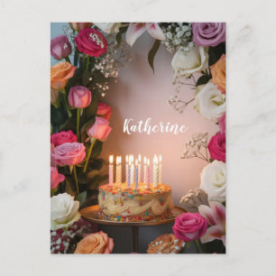 Carte Postale Gâteau d'anniversaire avec bougies allumées et nom