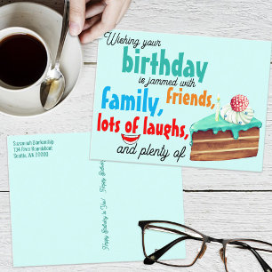 Carte Postale Gâteau d'anniversaire avec typographie colorée Mei