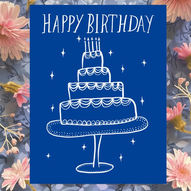 Carte Postale Gâteau d'anniversaire Croquis Fantaisiste Doodle  (Happy Birthday Cake Whimsical Sketch Doodle Blue White Postcard
)
