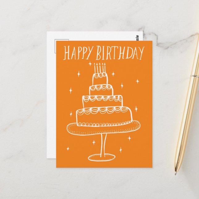 Carte Postale Gâteau d'anniversaire Croquis Fantaisiste Doodle  (Devant/Arrière en situation)