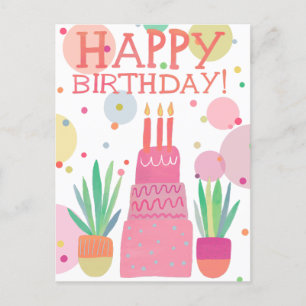 Carte Postale Gâteau d'anniversaire joyeux coloré mignon rose gr
