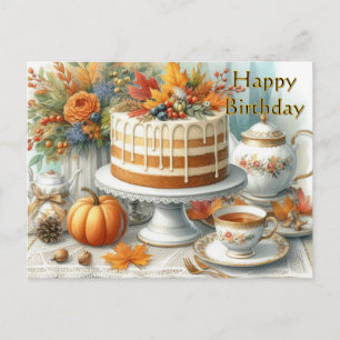 Carte Postale Gâteau d'automne et tasse à thé Joyeux Anniversair