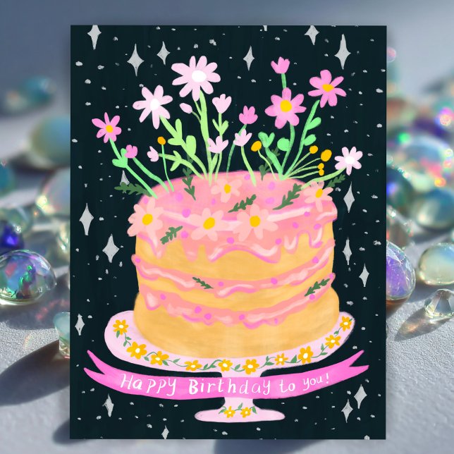 Carte Postale Gâteau Fun Amusant avec Fleurs Roses Gouache d'ann (Happy Birthday Fun Cake with Pink Flowers Gouache Postcard
)