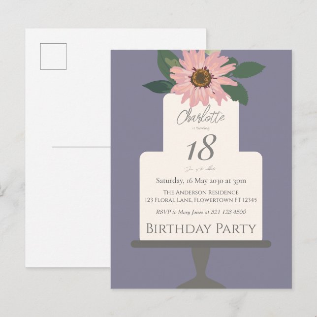 Carte Postale Gâteau rose floral fête d'anniversaire (Devant / Derrière)