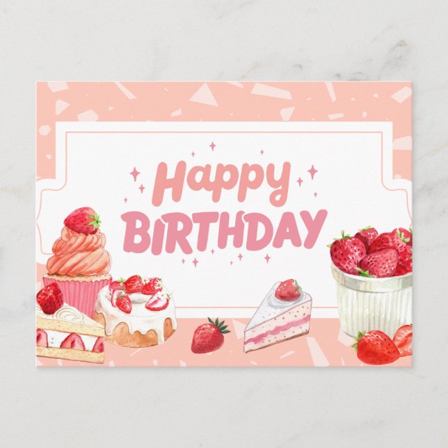 Carte Postale Gâteaux aux fraises aquarelle pour anniversaire (Devant)