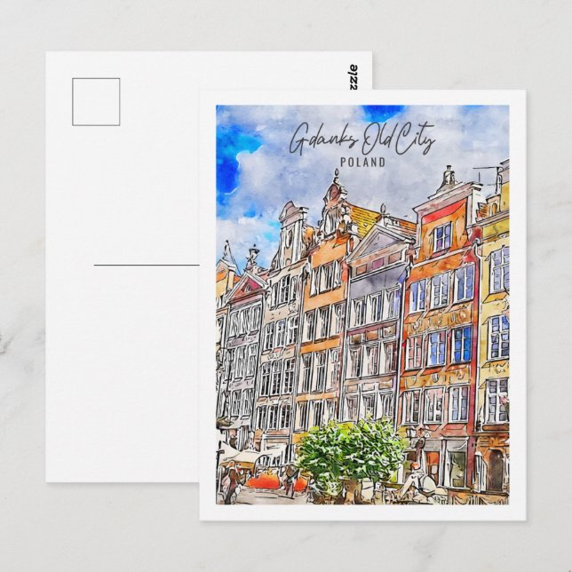Carte Postale Gdanks Vieille Ville Pologne Lieu de voyage Aquare (Devant / Derrière)