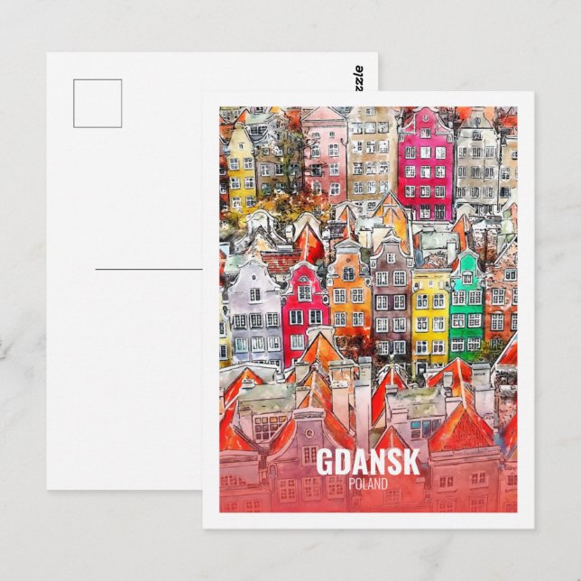 Carte Postale Gdansk Pologne Fameux Voyage Aquarelle Croquis (Devant / Derrière)