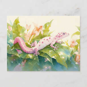 Carte Postale Gecko léopard avec tache rose et fleur de lys