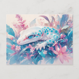 Carte Postale Gecko léopard avec tache sarcelle et fleur tropica