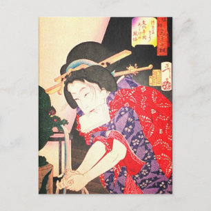 Carte Postale Geisha à la Fontaine Bois Japonais Uklyo-e