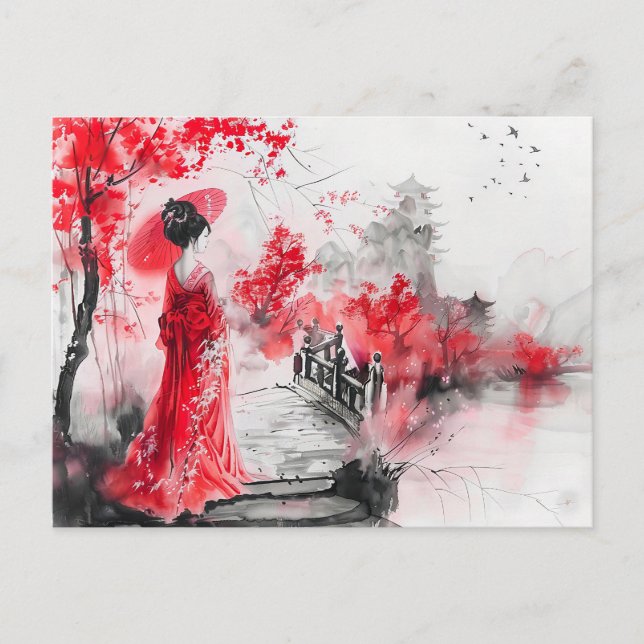 Carte Postale Geisha chinois aquarelle sur un pont (Devant)
