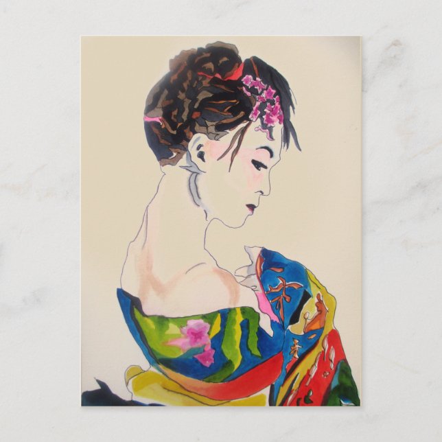 Carte Postale Geisha japonais avec kimono bleu (Devant)