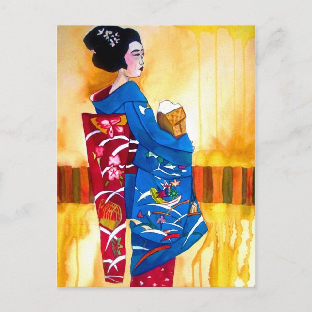 Carte Postale Geisha japonais avec kimono bleu (Devant)
