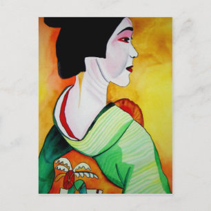 Carte Postale Geisha japonais avec kimono vert art original