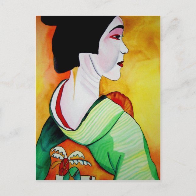 Carte Postale Geisha japonais avec kimono vert art original (Devant)