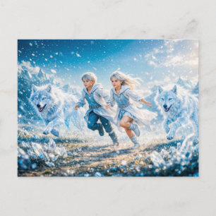 Carte Postale Gémeaux Zodiaque avec enfants jumeaux et loups bla