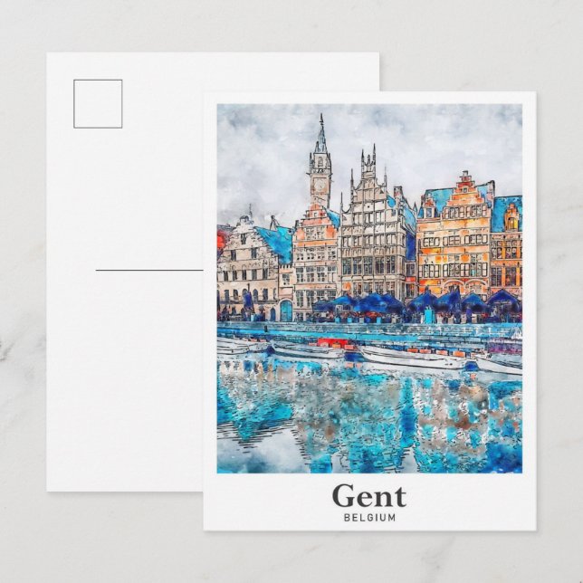 Carte Postale Gent Belgique Voyage Aquarelle main tirée (Devant / Derrière)