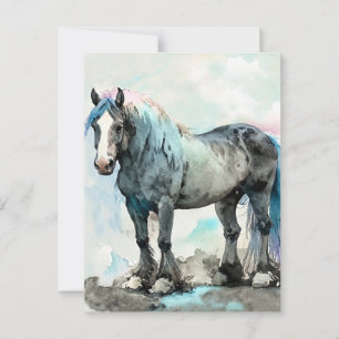 Carte Postale Gentil Cheval de Trait Shire Aquarelle Bleu