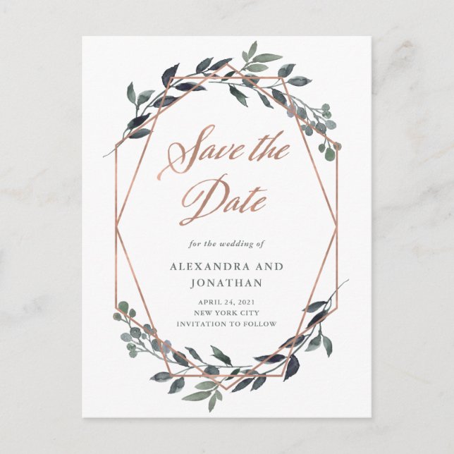 Carte Postale Geo vert | Rose Gold Wedding Enregistrer la date (Devant)