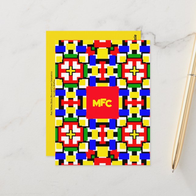 Carte Postale Géométrie rouge, jaune, noir, bleu et vert (Devant/Arrière en situation)