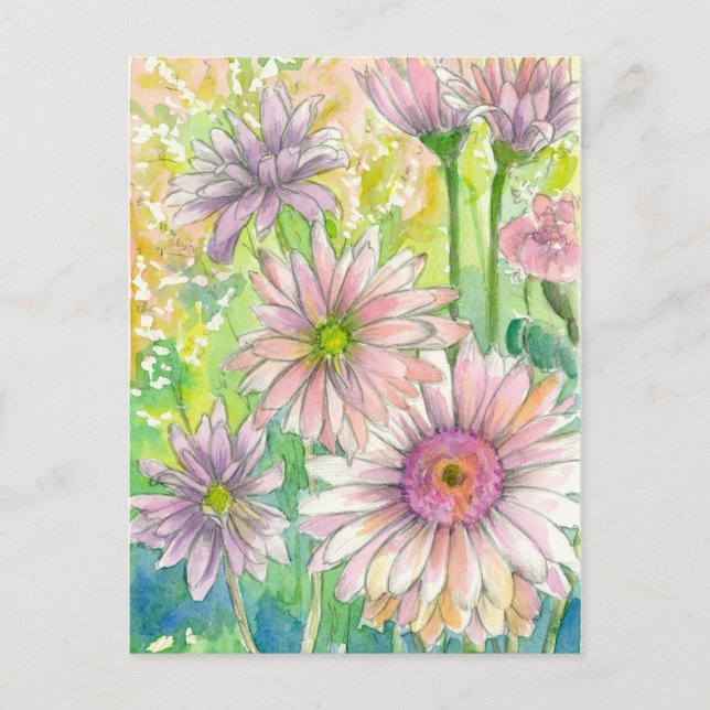 Carte Postale Gerbera rose Bouquet Daisy Aquarelle Fleurs Art (Devant)